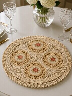 ⭐️ Host Pick ⭐️ Vintage Wicker Trivet Table Topper with needlepoint accent
